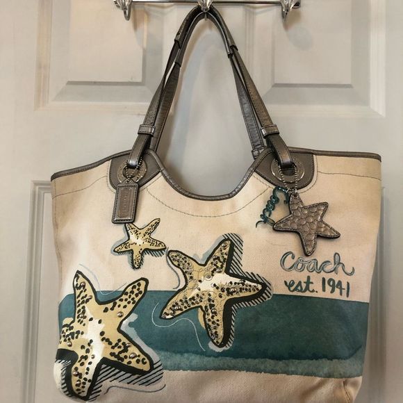 COACH Limited Edition Resort Canvas w Leather Starfish Tote Beach Bag. SO NICE